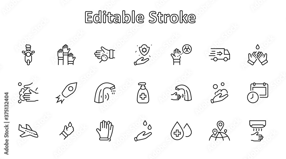 Set of Washing Hands Vector Line Icons. Contains such Icons as Coronavirus, Contactless Water Tap, Antiseptic, Washing Instruction, Hand Dryer, Soap and more. Editable Stroke. 32x32 Pixels.
