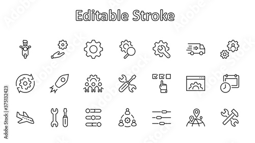 Set of Settings and Setup Vector Line Icons. Contains such Icons as Gear, Setting, Control, Iinstall, Options, Service, and more. Editable Stroke. 32x32 Pixels.