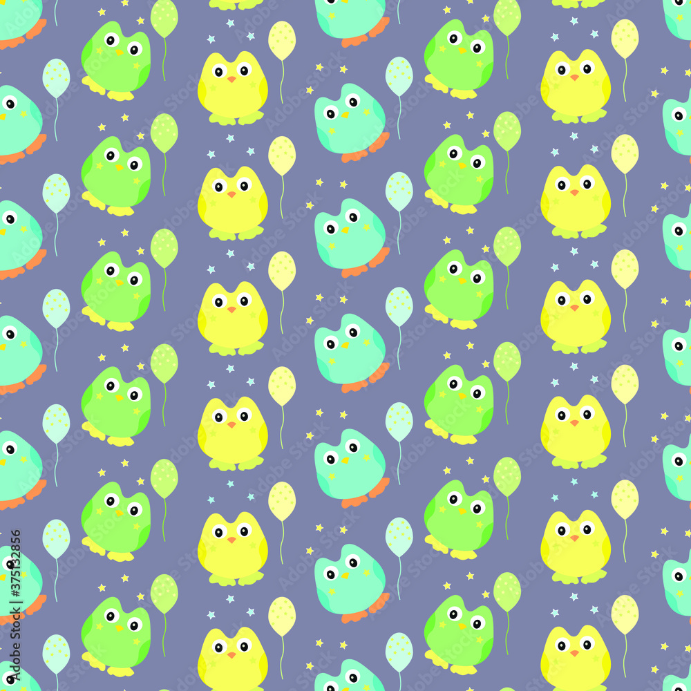 colorful owls with blue background seamless repeat pattern