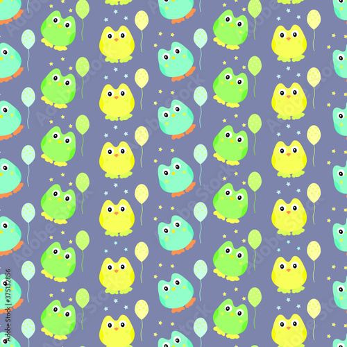 colorful owls with blue background seamless repeat pattern