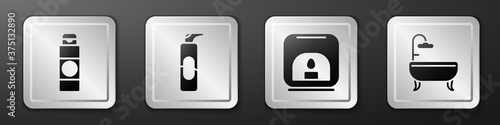Set Cream or lotion cosmetic tube, Spray can for hairspray, Aroma lamp and Bathtub icon. Silver square button. Vector.