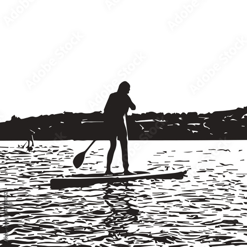 Doodle people on sup isolated on white. Sport vector stock illustration. EPS 10