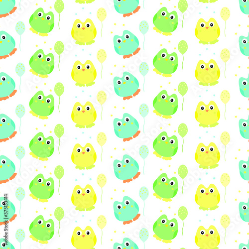 colorful owls with balloons seamless repeat pattern