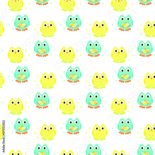 owls blue and yellow with white background seamless repeat pattern