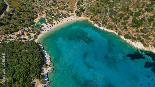 Aerial drone photo of turquoise paradise sandy beach and bay of Filatro a safe sail boat anchorage in Ithaki or Ithaca island, Ionian, Greece