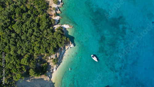 Aerial drone photo of turquoise paradise sandy beach and bay of Filatro a safe sail boat anchorage in Ithaki or Ithaca island, Ionian, Greece photo