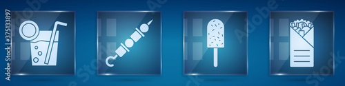 Set Cocktail, Grilled shish kebab, Ice cream and Doner kebab. Square glass panels. Vector.