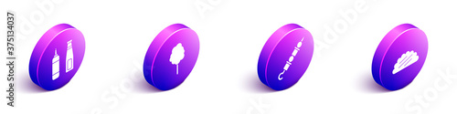 Set Isometric Sauce bottle, Cotton candy, Grilled shish kebab and Taco with tortilla icon. Vector.