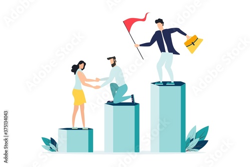 Flat young woman and man helping and growing together. Concept businessman and businesswoman characters relationship, extending a helping hand to colleague. Vector illustration.