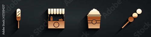 Set Corn dog, Street stall with awning, Popcorn in box and Meatballs on wooden stick icon with long shadow. Vector.