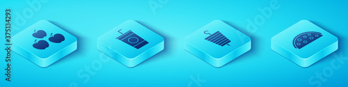 Set Isometric Apple, Paper glass with straw, Taco with tortilla and Grilled shish kebab icon. Vector.