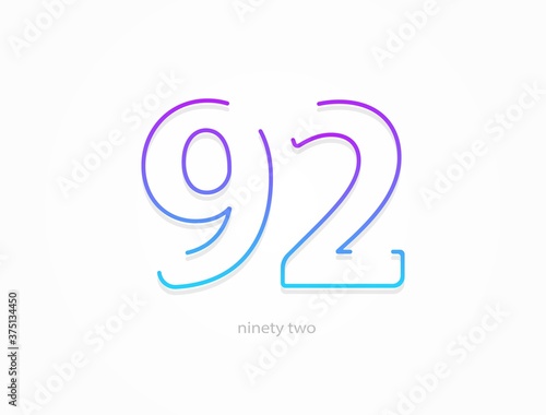 92 number, outline stroke gradient font. Trendy, dynamic creative style design. For logo, brand label, design elements, application and more. Isolated vector illustration