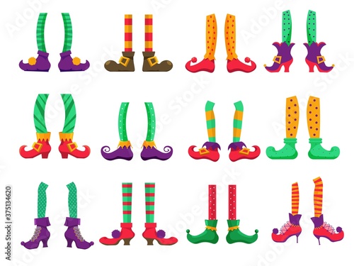 Elf feet. Christmas elf feet wearing pants and boots isolated vector icon set on white background. Leprechaun or magic Santa Claus helper dwarf holiday character leg in stocking and shoes illustration
