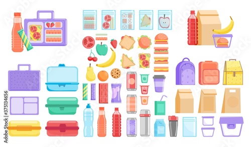 Lunch box. School or office lunch box and fruit, vegetable, hamburger fast food packed meal and bottled drink product item set. Vector plastic container, textile and disposable paper bag illustration