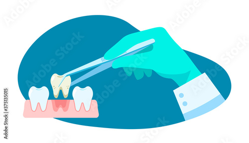 Dental treatment. Dentist hold dental instrument in hand and examining patient's tooth.  Dental healthcare. Stomatology concept. Vector illustration flat design. Design for banner, card, clinic