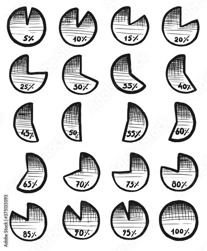 Pie chart. Hand-drawn felt tip pen pie chart infographic diagram doodle vector icon isolated set. Handwritten black-and-white sketch element showing different percentage quantity illustration.