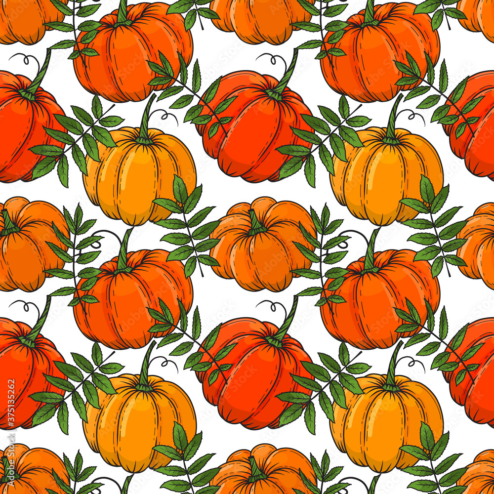 Hand drawn autumn seamless pattern from color pumpkins and leaves. Vector illustration. Colorful. Object for packaging, advertisements, menu. Hand drawn autumn seamless pattern from color pumpkins and leaves. Vector illustration. Colorful. Object for packaging, advertisements, menu.
