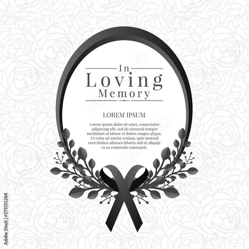 In loving memory text in Oval frame with leaf bouquets and black ribbon on abstract rose texture background