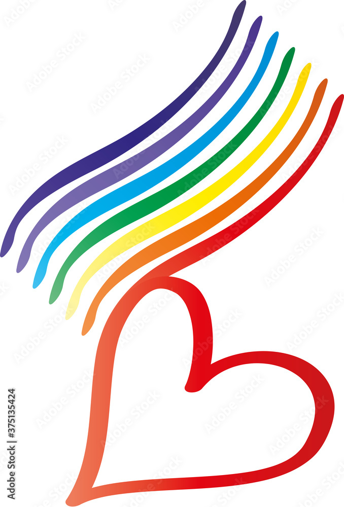 Naklejka premium Welle mit den Farben des Regenbogens und ein rotes leuchtendes Herz als Zeichen der Menschlichkeit und Liebe