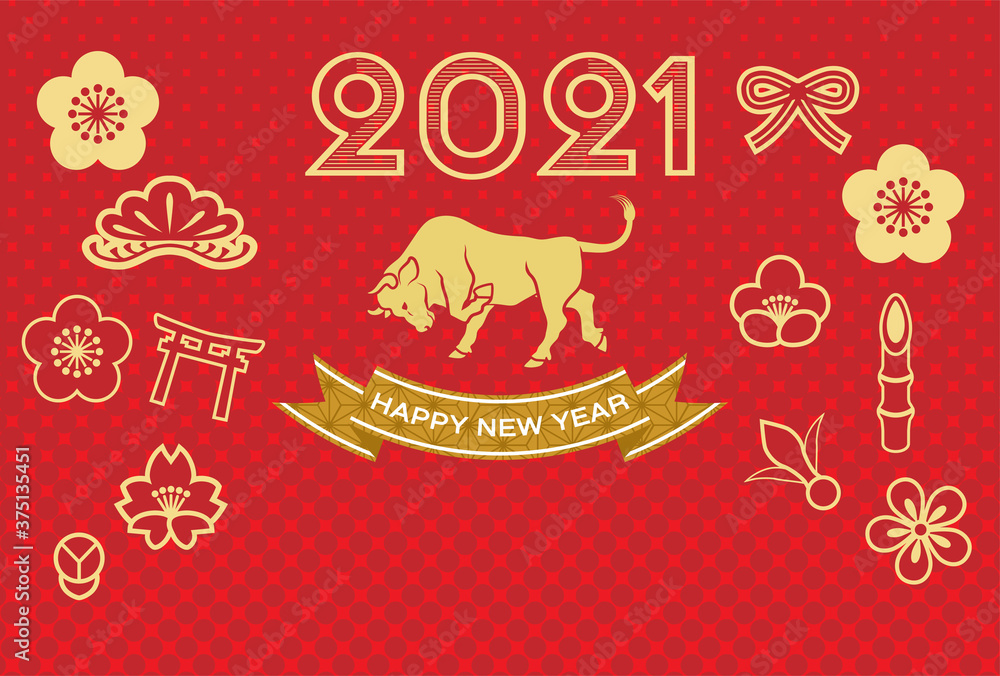 2021年　丑年　年賀状 - 牛と縁起物アイコン　ポップ　赤色背景