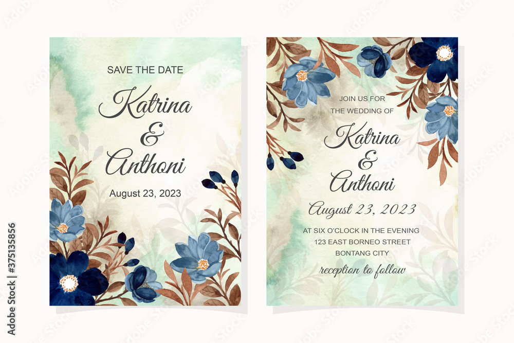 Wedding invitation card with blue flower and brown leaves watercolor