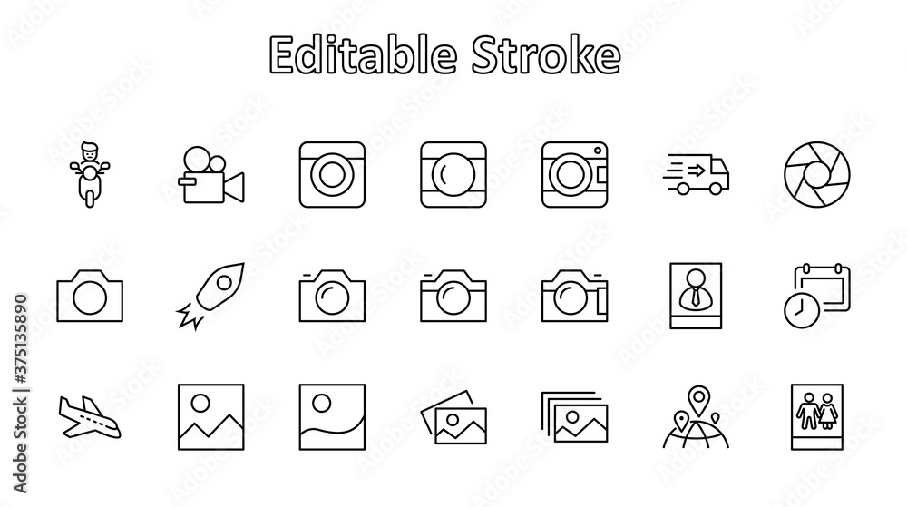 Set of Cameras and photo, vector line icons. Contains symbols of portraits and family photos and much more. Editable Stroke. 32x32 pixels Set of Cameras and photo, vector line icons. Contains symbols of portraits and family photos and much more. Editable Stroke. 32x32 pixels
