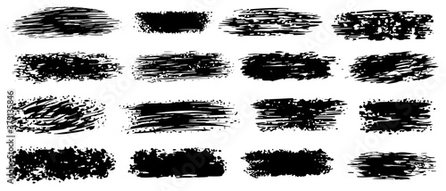 Ink brush stroke. Inked splatter dirt stain splatter spray splash with drop blot. Vector black ink brush stroke, paint line big collection on white. Hand drawn sticker calligraphy smear illustration