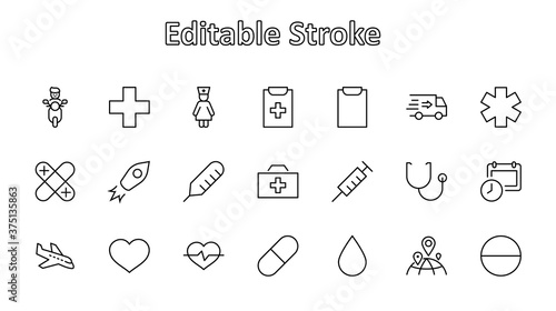 Set of Medicine vector line icons. It contains the first aid kit  nurse  syringe  thermometer  plastic  pills  heart  drop of blood  palpitation and much more. Editable Stroke. 32x32 pixels.