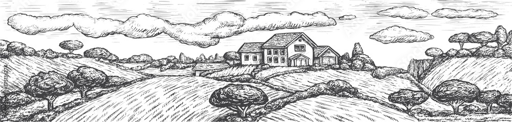 Rustic landscape. Engraved vector rustic landscape with house, field, tree. Black and white hand drawn village sketch in vintage style. Harvesting and gardening illustration. Detailed farmland scene