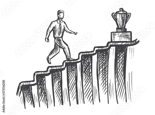 Career growth. Vector man walking up stairs to trophy cup goblet on top sketch illustration. Personal effectiveness, career growth, success progression and goal achievement business motivational