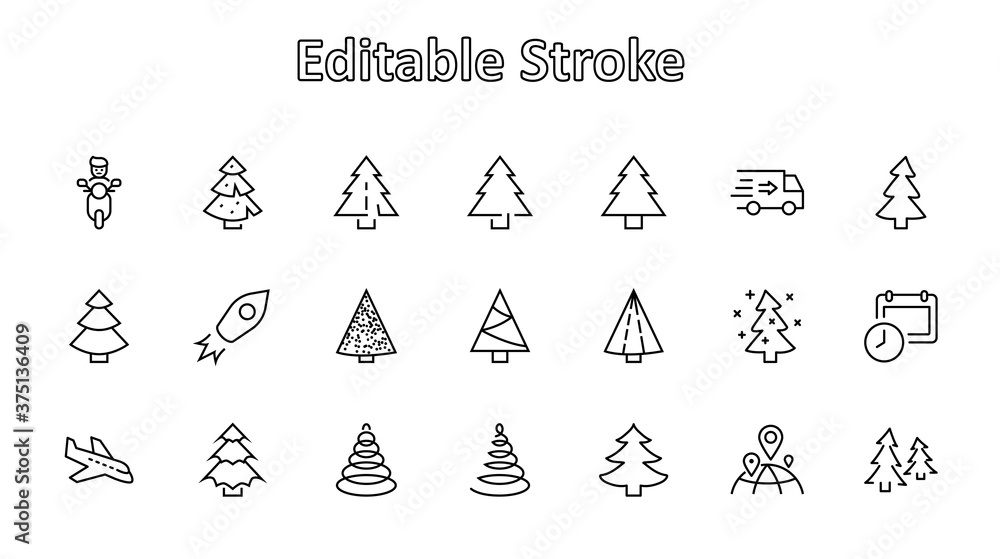 Christmas Tree thin line icon set. Stylized linear icons of artificial snow, spruce, present box fir. Editable Stroke. 32x32 Pixels Christmas Tree thin line icon set. Stylized linear icons of artificial snow, spruce, present box fir. Editable Stroke. 32x32 Pixels