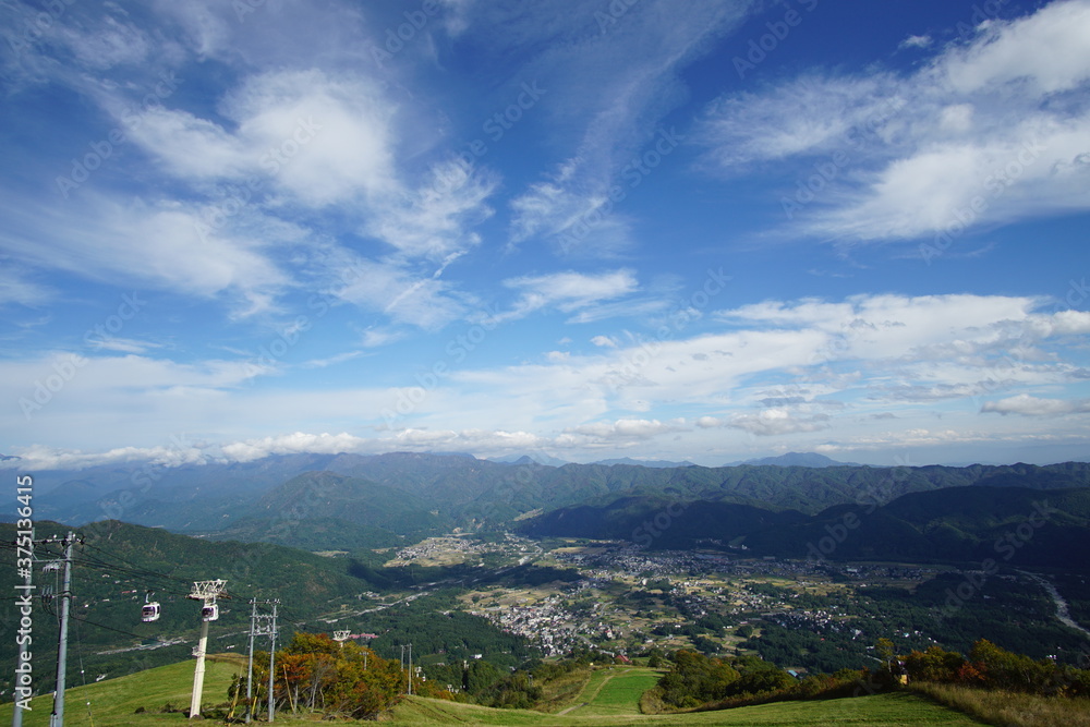 Majestic mountains landscape under blue sky with clouds in Japan