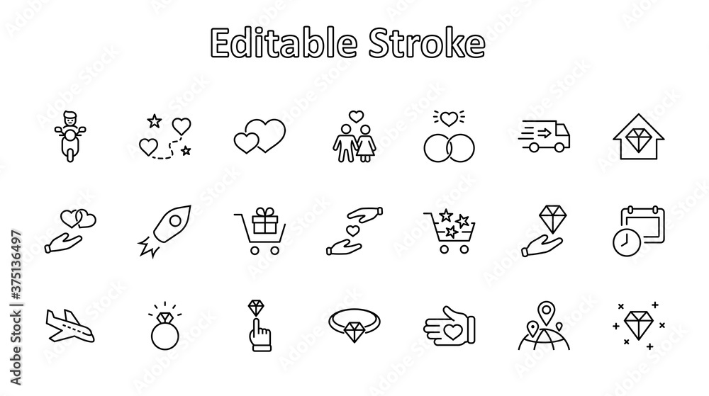 International Jeweler Day Set Line Vector Icons. Contains such Icons as Love, Heart, Hand, Family, Wedding Rings, Diamond, Jewelry store, Gift, Basket and more. Editable Stroke. 32x32 Pixels