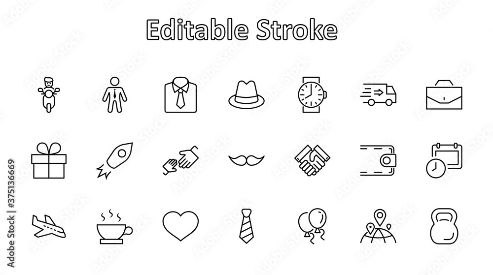 Father's Day Set Line Vector Icons. Contains such Icons as Mustache, tie, shirt, handshake, diplomat, hat, coffee, purse, gift, portfolio and more. Editable Stroke. 32x32 Pixels