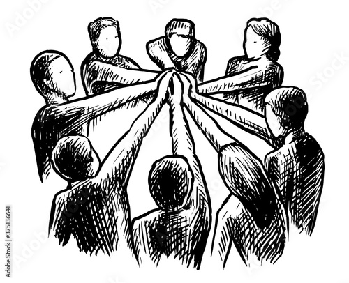 Teamwork sketch. Vector hatching man woman people silhouette putting hand together. Teamwork community and cooperation, partnership and friendship doddle sketch. Team spirit illustration