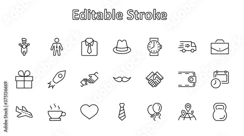 Father's Day Set Line Vector Icons. Contains such Icons as Mustache, tie, shirt, handshake, diplomat, hat, coffee, purse, gift, portfolio and more. Editable Stroke. 32x32 Pixels