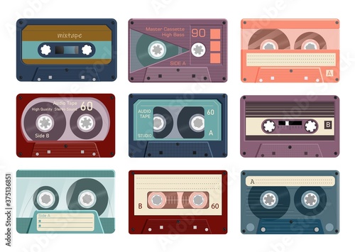 Audio tape. Vintage analogue player record tape cassette collection on white background. Vector retro stereo music mixtape isolated set illustration. Obsolete bilateral magnetic reel strip