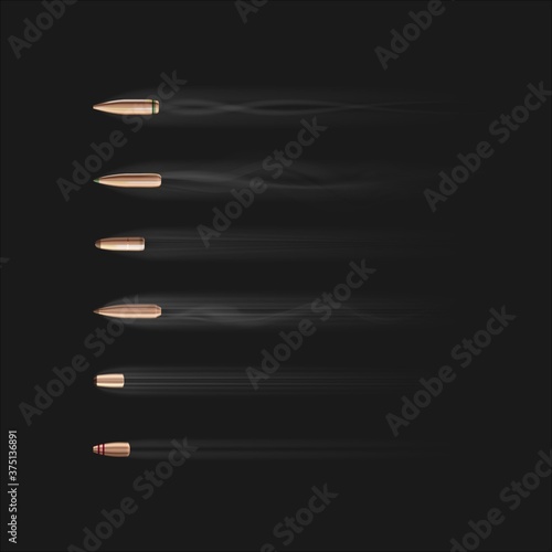 Flying bullet. Vector various type firearm projectiles in slow motion. Realistic flying bullet with smoke trace isolated on black background. Gunfire, weapon metal shot, ammo illustration