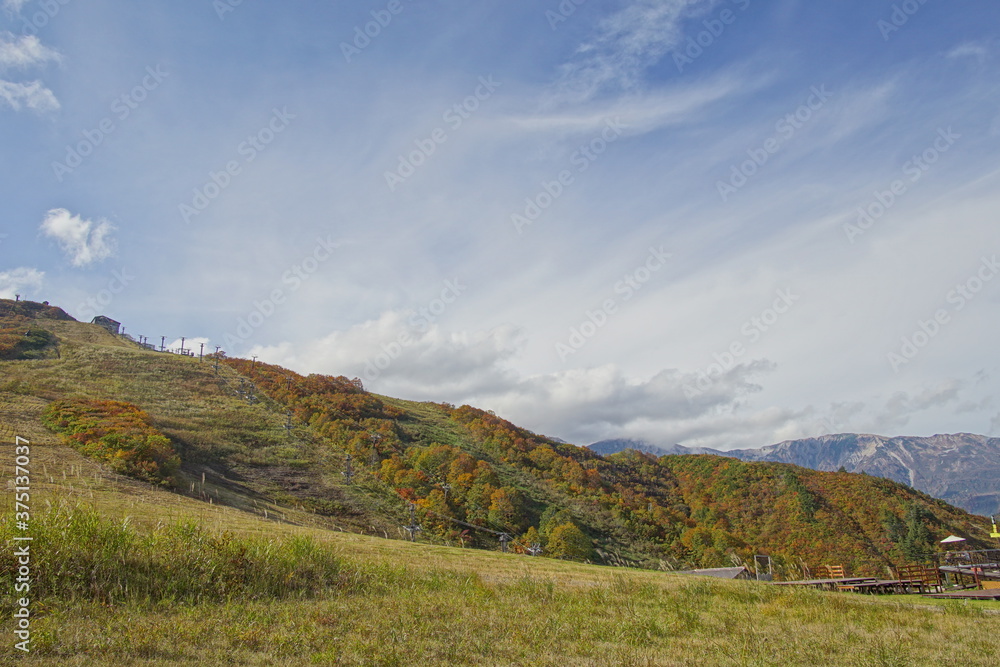 Majestic mountains landscape under blue sky with clouds in Japan