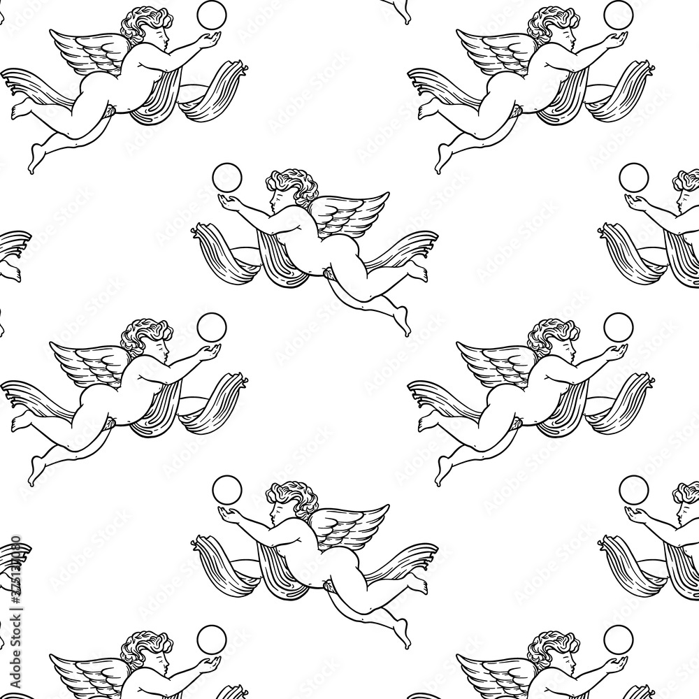 Obraz premium Vector pattern with hand drawn illustration of cupid woth wings. Creative tattoo artwork. Template for card, poster, banner, print for t-shirt, pin, badge, patch.