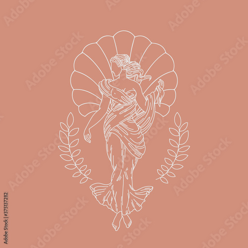 Vector hand drawn  illustration of woman with greek profile, shell and drapery isolated. Creative tattoo artwork. Template for card, poster, banner, print for t-shirt, pin, badge, patch.