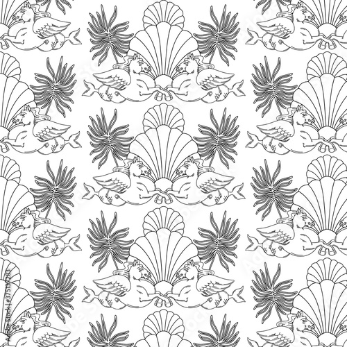 Wallpaper Mural Vector pattern with hand drawn  illustration of antique hippocampus, shell, palm leaves.  Creative tattoo artwork. Template for card, poster, banner, print for t-shirt, pin, badge, patch. Torontodigital.ca