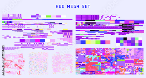 Bundle of glitch overlays. Computer screen error, digital pixel noise design.