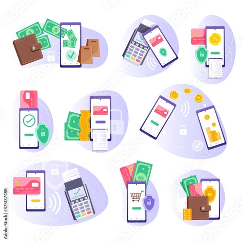 Mobile payment. POS-terminal payment, smartphone money transfer and e-wallet replacement set. Mobile payment and internet banking, business finance pay, transaction online vector illustration