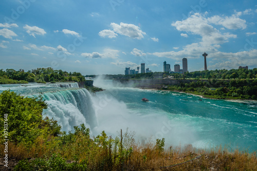 Niagara Falls with view of city skyline