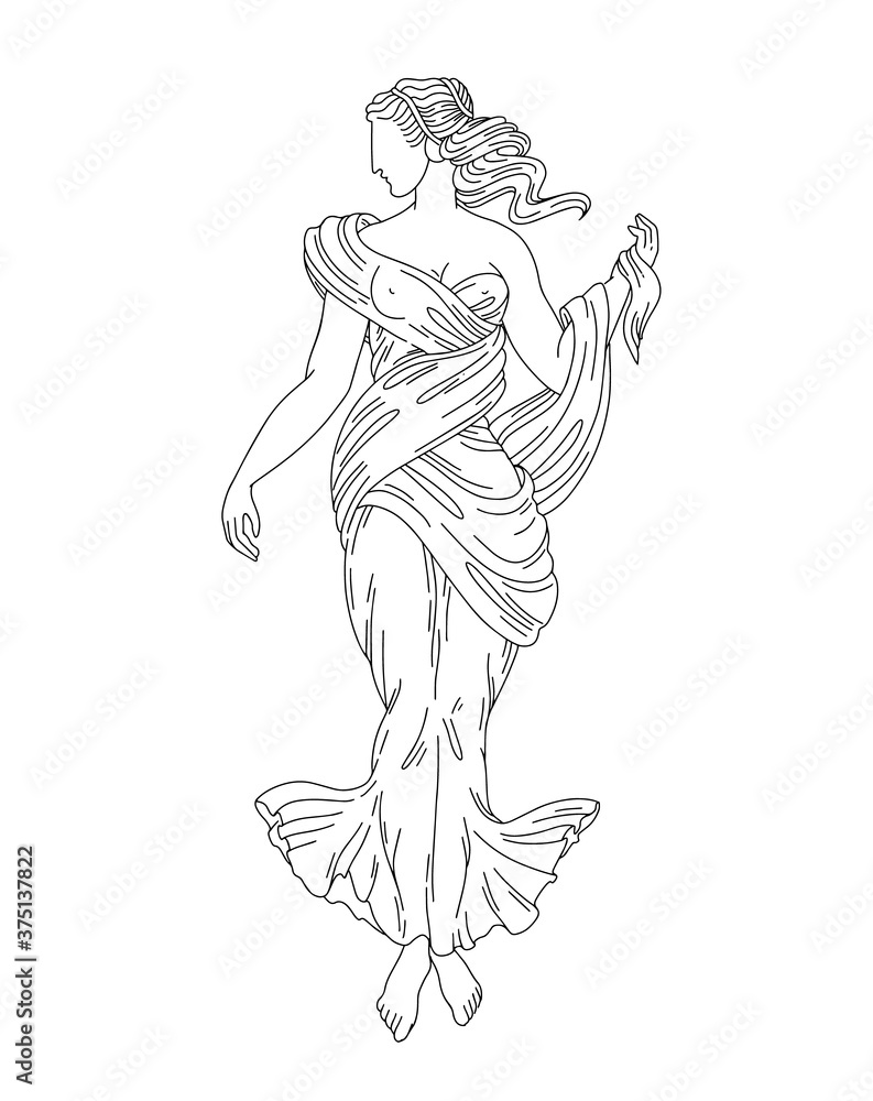 Vector hand drawn  illustration of woman with greek profile and drapery isolated. Creative tattoo artwork. Template for card, poster, banner, print for t-shirt, pin, badge, patch.