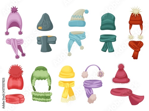 Warm wear. Autumn and winter hat, knit cap outfit with warm scarf and scarves isolated set on white background. Warm head and neck wear vector illustration.Children clothes accessory for cold weather