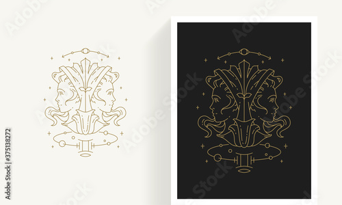 Zodiac gemini horoscope sign line art silhouette design vector illustration.