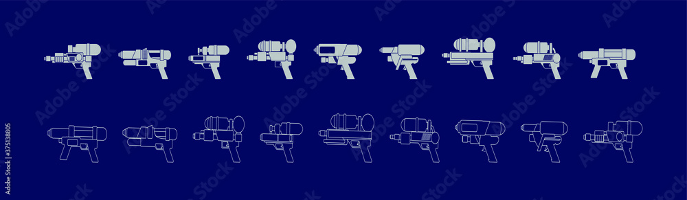 Cartoon gun collection. Flat vector colorful toys. Space laser guns design. Vector illustration isolated on blue background.