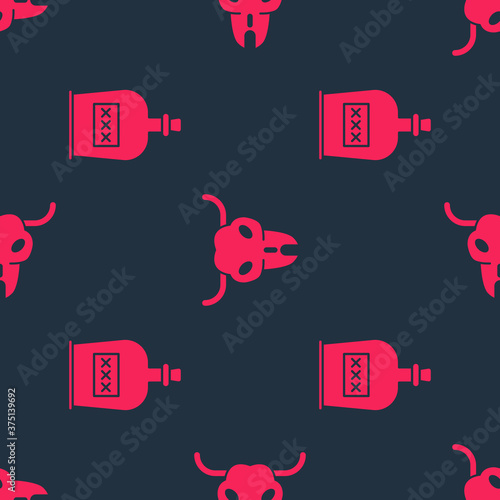 Set Alcohol drink Rum bottle and Buffalo skull on seamless pattern. Vector.